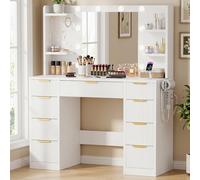 JUMMICO Coiffeuse Moderne avec éclairage et Prise, Grand Miroir, 9 tiroirs, Support pour sèche-Cheveux, Table de Maquillage pour Chambre à Coucher, Blanche