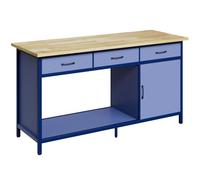JUMMICO Établi 160 x 60 x 85 cm capacité de Charge 500 kg, 3 tiroirs coulissants 1 Porte, Plateau en Bois d'hévéa 25 mm, Espace de Rangement Ouvert, Table de Travail pour Atelier, Bleu Ardoise