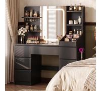 JUMMICO Grande Coiffeuse avec Miroir LED et Multiprise, Luminosité Réglable,Table de Maquillage avec 4 Étagères et 7 Tiroirs, Coiffeuse Moderne avec Grand Espace de Rangement (Noir)