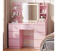 JUMMICO Grande Coiffeuse avec Miroir LED, Luminosité Réglable, Table de Maquillage avec 4 Étagères et 7 Tiroirs, Meuble pour Chambre Moderne (Rose)