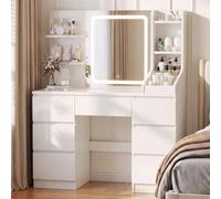 JUMMICO Grande Coiffeuse avec Miroir LED, Luminosité Réglable, Table de Maquillage avec 4 Étagères et 7 Tiroirs, Meuble pour Chambre Moderne
