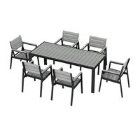 JUMMICO Salon de Jardin Extérieur : 1 Table en Aluminium Effet Bois + 6 Chaises en Aluminium. Robuste et Résistant aux Intempéries. Idéal pour Balcon, Jardin et Autres Espaces Extérieurs. Gris