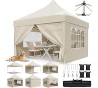 JUMMICO Tonnelle 3x3 Pliante avec 10cm de Hauteur Intérieure Supplémentaire｜Toile Oxford Imperméable, Robuste et Durable｜Tente de Fête Élégante, Idéale pour Jardin, Camping et Plus Encore Beige