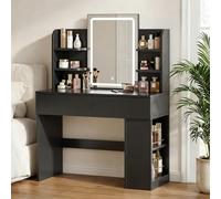 JUMMICOCoiffeuse avec Miroir LED et Lumière Réglable, Table de Maquillage Modulaire avec Rangement Intelligent - 3 Étagères, 2 Tiroirs + Grand Tiroir Bas et Armoire, Design Épuré pour Chambre (Noir)