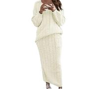 Jumper + demi-jupe automne hiver femme tricoté 2 pièces ensemble femme O-cou tricot pull costume, blanc, 4X-Large