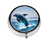 Jumping Up Dolphins Mini pilulier rond, peut être mis dans un portefeuille, une poche, léger et pratique, 3 compartiments, pilulier portable,