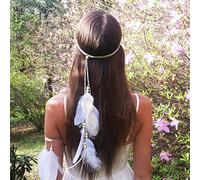 Jumwrit Bandeau bohème à plumes indiennes et gitane réglable avec pompons - Accessoire hippie pour femmes et filles