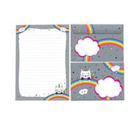 JuNa-Expe rten Lot de papier à lettre « Licorne et chat » pour fille - Bloc à lettres ligné A5 avec 25 feuilles + 15 enveloppes, motif licorne mignon, cartes d'invitation