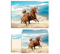 JuNa-Experten Lot de 12 cartes d'invitation pour anniversaire d'enfant cheval avec 12 enveloppes, poulain, deux chevaux, anniversaire, fille, belles invitations colorées pour fille