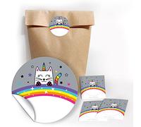 JuNa-Experten Lot de 12 sacs cadeaux / nature + 12 autocollants licorne chat pour cadeaux d'anniversaire d'enfant / sacs en papier pour dragées avec autocollants