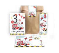 Junapack Lot de 12 cartes d'invitation pour 3ème anniversaire d'enfant garçon camion de pompier avec 12 enveloppes, 12 sachets, 12 autocollants, 12 marque-pages