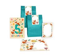 Junapack Lot de 12 cartes d'invitation pour 5e anniversaire d'enfant 5e anniversaire fille garçon renard avec 12 enveloppes, 12 sachets/bleu pétrole, 12 autocollants, 12 blocs