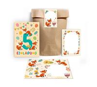 Junapack Lot de 12 cartes d'invitation pour 5e anniversaire d'enfant 5e anniversaire fille garçon renard avec 12 enveloppes, 12 sachets/naturel, 12 autocollants, 12 blocs