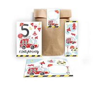Junapack Lot de 12 cartes d'invitation pour 5e anniversaire d'enfant 5e anniversaire garçon camion de pompier avec 12 enveloppes, 12 sachets / naturel, 12 autocollants, 12 marque-pages
