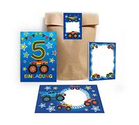 Junapack Lot de 12 cartes d'invitation pour 5e anniversaire d'enfant - Motif camion monstre - Avec 12 enveloppes, 12 sachets/nature - 12 autocollants, 12 blocs