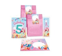 Junapack Lot de 12 cartes d'invitation pour 5e anniversaire d'enfant Motif sirène avec 12 enveloppes, 12 sachets/rose, 12 autocollants, 12 marque-pages