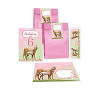 Junapack Lot de 12 cartes d'invitation pour 6e anniversaire d'enfant Motif cheval avec poulain avec licorne avec 12 enveloppes, 12 sachets/rose, 12 autocollants, 12 marque-pages