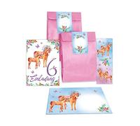 Junapack Lot de 12 cartes d'invitation pour 6e anniversaire d'enfant sixième anniversaire fille chevaux avec 12 enveloppes, 12 sachets/rose, 12 autocollants, 12 marque-pages