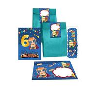 Junapack Lot de 12 cartes d'invitation pour 6e anniversaire d'enfant sixième anniversaire garçon dinosaure avec 12 enveloppes, 12 sachets/bleu pétrole, 12 autocollants, 12 marque-pages
