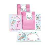 Junapack Lot de 12 cartes d'invitation pour 7e anniversaire d'enfant fille chouette avec 12 enveloppes, 12 sachets/rose, 12 autocollants, 12 marque-pages
