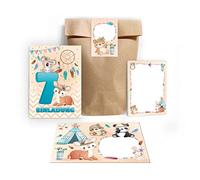 Junapack Lot de 12 cartes d'invitation pour 7e anniversaire d'enfant - Invitation au septième anniversaire - Pour fille et garçon - Animaux indiens koala chevreuil avec 12 enveloppes, 12 sachets