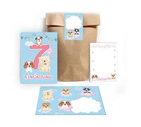 Junapack Lot de 12 cartes d'invitation pour 7e anniversaire d'enfant - Pour fille et chien - Avec 12 enveloppes, 12 sachets/nature - 12 autocollants, 12 blocs