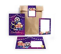 Junapack Lot de 12 cartes d'invitation pour 8e anniversaire d'enfant, cinéma, huitième anniversaire, fille, garçon, cinéma, avec 12 enveloppes, 12 sachets/naturel, 12 autocollants, 12 blocs