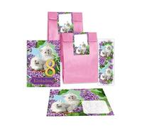 Junapack Lot de 12 cartes d'invitation pour 8e anniversaire d'enfant, huitième anniversaire fille chat avec 12 enveloppes, 12 sachets/rose, 12 autocollants, 12 marque-pages