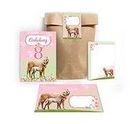Junapack Lot de 12 cartes d'invitation pour 8e anniversaire d'enfant, huitième anniversaire, fille, cheval avec poulain, avec 12 enveloppes, 12 sachets/naturel, 12 autocollants, 12 blocs