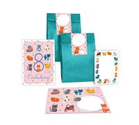 Junapack Lot de 12 cartes d'invitation pour 8e anniversaire d'enfant, huitième anniversaire, fille, garçon, chat, avec 12 enveloppes, 12 sachets/bleu pétrole, 12 autocollants, 12 blocs