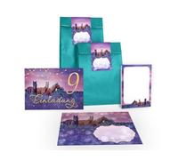 Junapack Lot de 12 cartes d'invitation pour 9e anniversaire d'enfant avec 12 enveloppes, 12 sachets/bleu pétrole, 12 autocollants, 12 blocs