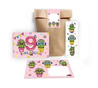 Junapack Lot de 12 cartes d'invitation pour 9e anniversaire d'enfant fille cactus avec 12 enveloppes, 12 sachets/nature, 12 autocollants, 12 marque-pages