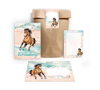 Junapack Lot de 12 cartes d'invitation pour anniversaire d'enfant fille cheval avec 12 enveloppes, 12 sachets/naturel, 12 autocollants, 12 blocs