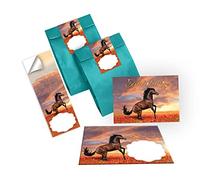 Junapack Lot de 12 cartes d'invitation pour anniversaire d'enfant fille cheval avec 12 enveloppes, 12 sachets/bleu pétrole, 12 autocollants