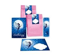 Junapack Lot de 12 cartes d'invitation pour anniversaire d'enfant fille Fée avec 12 enveloppes, 12 sachets/rose, 12 autocollants, 12 marque-pages