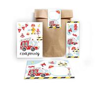 Junapack Lot de 12 cartes d'invitation pour anniversaire d'enfant garçon camion de pompier avec 12 enveloppes, 12 sachets/naturel, 12 autocollants, 12 marque-pages