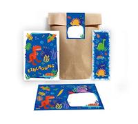 Junapack Lot de 12 cartes d'invitation pour anniversaire d'enfant garçon dinosaure avec 12 enveloppes, 12 sachets/nature, 12 autocollants, 12 marque-pages