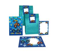 Junapack Lot de 12 cartes d'invitation pour anniversaire d'enfant garçon Monster Truck Voiture avec 12 enveloppes, 12 sachets/bleu pétrole, 12 autocollants, 12 blocs