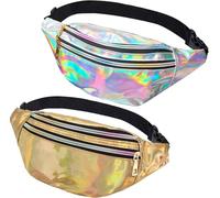 JunD 2 Pack Sac Banane Femme, Banane Sacoche, Banane Holographique Femme Accessoires des Années 80 90, Cuir PU Sacoche Banane pour Festivals, Randonnée, Course à Pied (Or Rose+Argent)