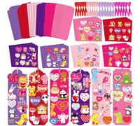 JUNEBRUSHS Lot de 30 marque-pages de Saint-Valentin pour enfants, kits de loisirs créatifs avec cœurs assortis et autocollants animaux pour enfants, salle de classe, activités de jeu, Saint-Valentin