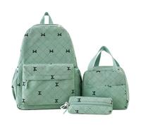 Junerain Sac à dos d'école en velours côtelé avec sac à déjeuner et trousse à crayons, sac à dos de pour filles et femmes, décontracté, lycée, collège (vert)