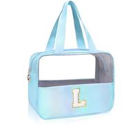 Junesters Grande trousse de maquillage transparente avec initiale - Grande trousse de toilette de voyage en chenille avec patch A-Z en nylon - Sac de rangement pour cosmétiques - Cadeaux roses pour