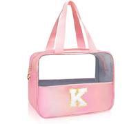 Junesters Grande trousse de maquillage transparente avec initiale - Grande trousse de toilette de voyage en chenille avec patch A-Z en nylon - Sac de rangement pour cosmétiques - Cadeaux roses pour
