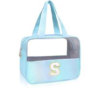 Junesters Grande trousse de maquillage transparente avec initiale - Grande trousse de toilette de voyage en chenille avec patch A-Z en nylon - Sac de rangement pour cosmétiques - Cadeaux roses pour