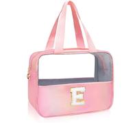 Junesters Grande trousse de maquillage transparente avec initiales pour femmes et filles, jolie trousse de maquillage en nylon chenille avec fermeture éclair, organiseur de maquillage de voyage (rose