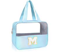 Junesters Grande trousse de maquillage transparente avec initiales pour femmes et filles, jolie trousse de maquillage en nylon chenille avec fermeture éclair, organiseur de maquillage de voyage (bleu,