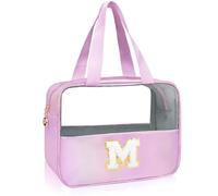 Junesters Grande trousse de maquillage transparente avec initiales pour femmes et filles, jolie trousse de maquillage en nylon chenille avec fermeture éclair, organiseur de maquillage de voyage