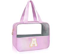 Junesters Grande trousse de maquillage transparente avec initiales pour femmes et filles, jolie trousse de maquillage en nylon chenille avec fermeture éclair, organiseur de maquillage de voyage