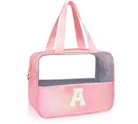 Junesters Grande trousse de maquillage transparente avec initiales pour femmes et filles, jolie trousse de maquillage en nylon chenille avec fermeture éclair, organiseur de maquillage de voyage (rose