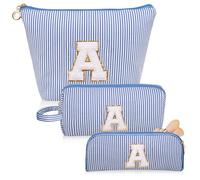Junesters Trousse de maquillage avec initiales, trousse de maquillage bleue personnalisée, grande trousse de maquillage mignonne, trousse de toilette de voyage pour femme et fille, cadeau A (bleu),